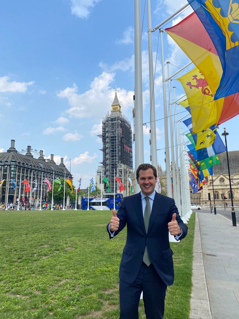 Robert Jenrick in Parliament Square celebrating County Flags Day.